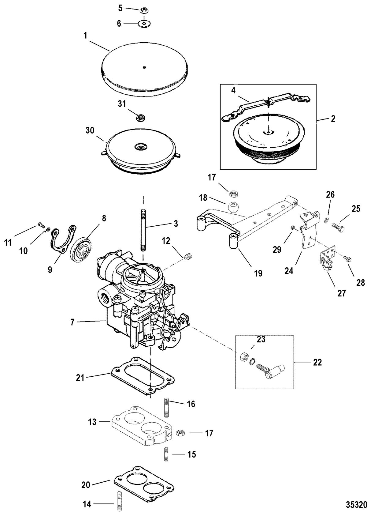MERCRUISER 5.7L COMPETITION SKI ENGINE (GEN +) CARBURETOR AND THROTTLE LINKAGE(2 BARREL)