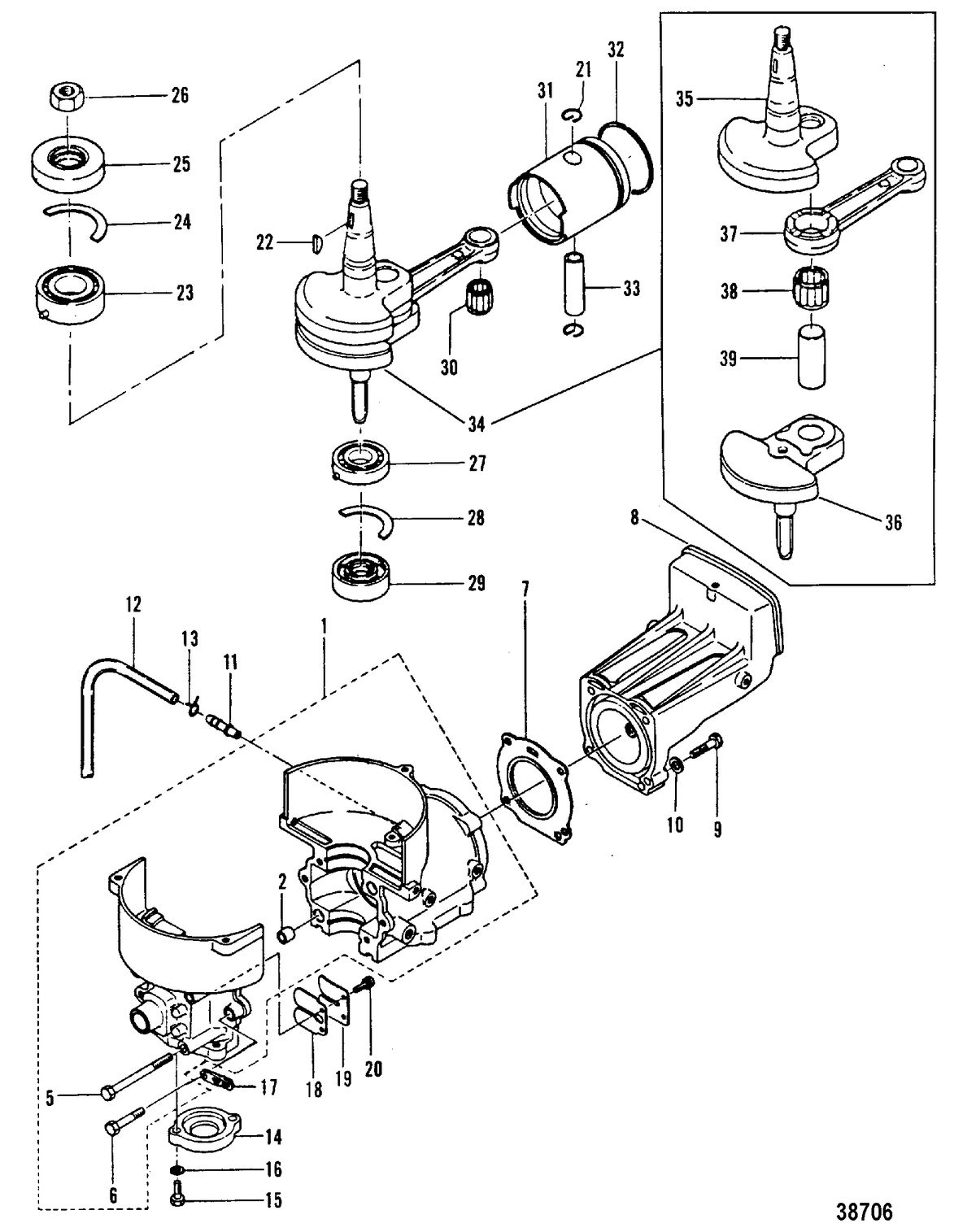 MERCURY 2.2 HP CYLINDER BLOCK, CRANKSHAFT AND PISTON
