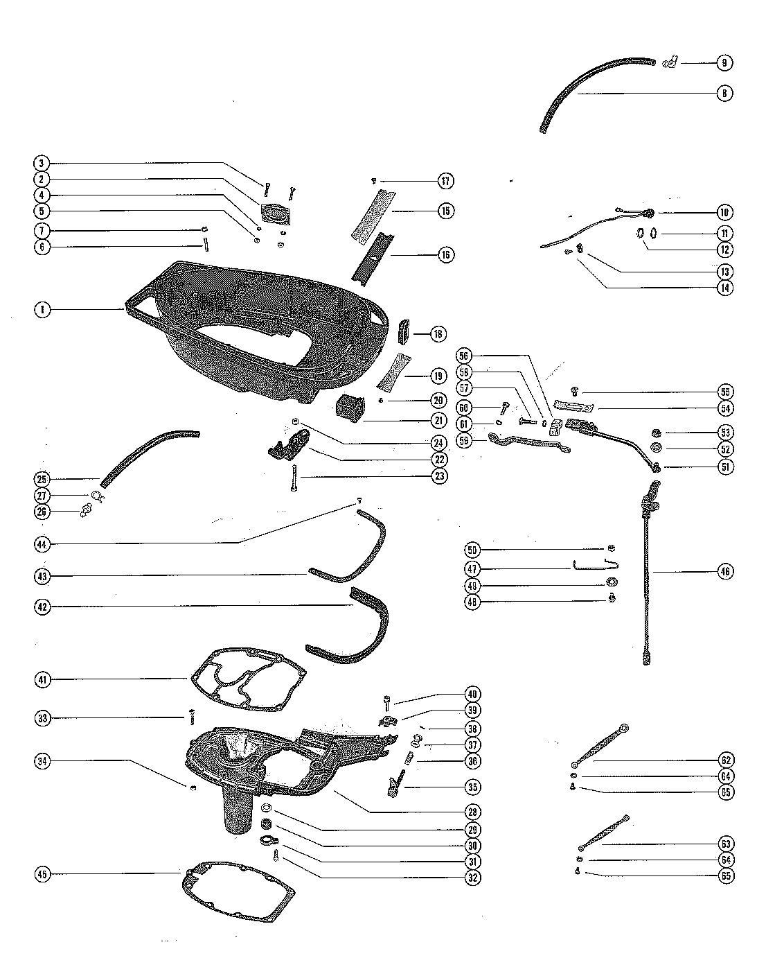 MERCURY MERC 500-6 BOTTOM COWL ASSEMBLY AND SHIFT LINKAGE