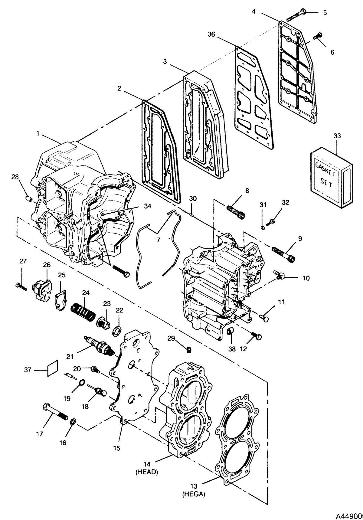 FORCE FORCE 1991 50 H.P. "B" MODELS CYLINDER BLOCK, HEAD AND EXHAUST CHEST COVER