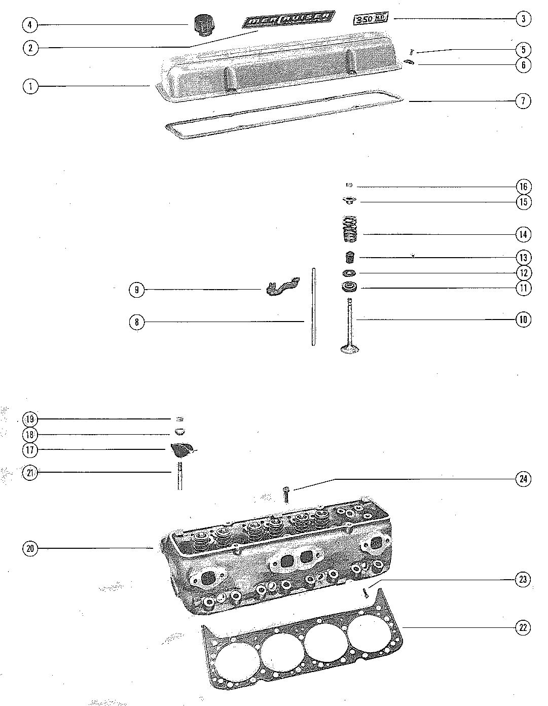 MERCRUISER 350 INBOARD ENGINE CYLINDER HEAD AND ROCKER COVER