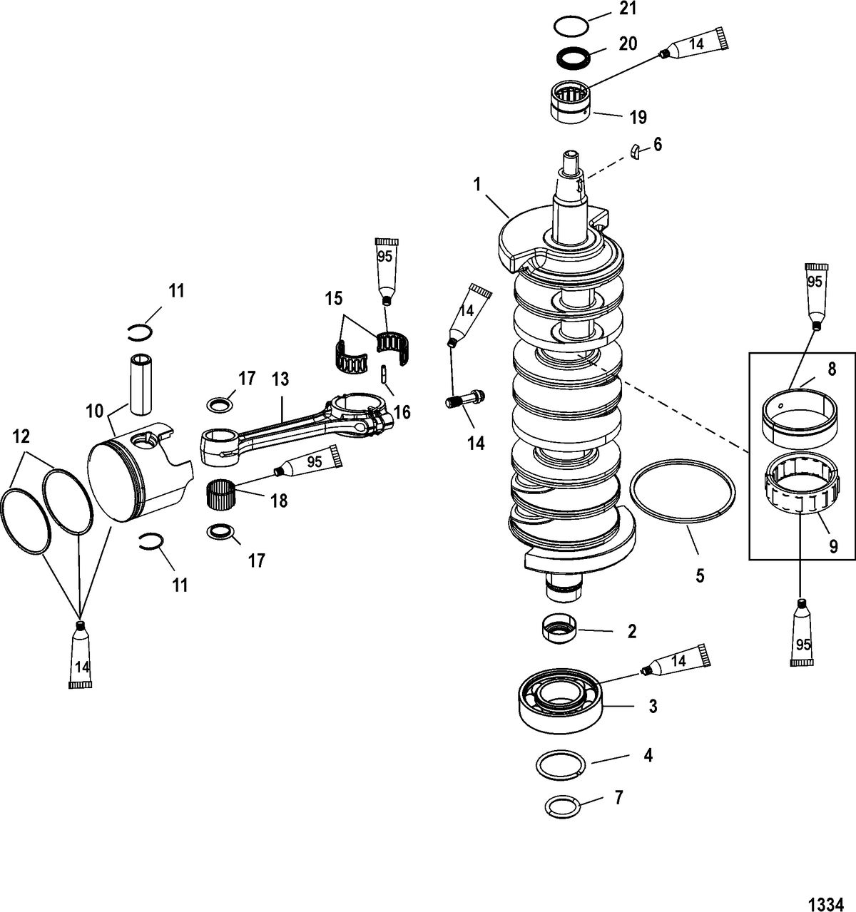 MERCURY/MARINER 200/225 DFI (3.0L) CRANKSHAFT, PISTONS AND CONNECTING RODS