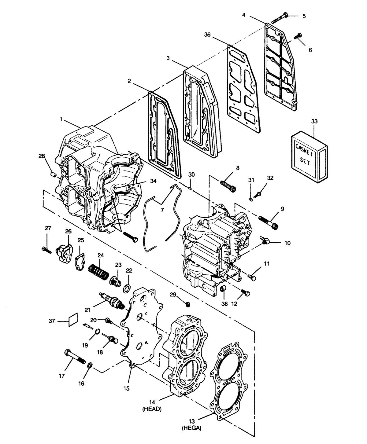FORCE FORCE 1991 50 H.P. "A" MODELS CYLINDER BLOCK HEAD AND EXHAUST CHEST COVER
