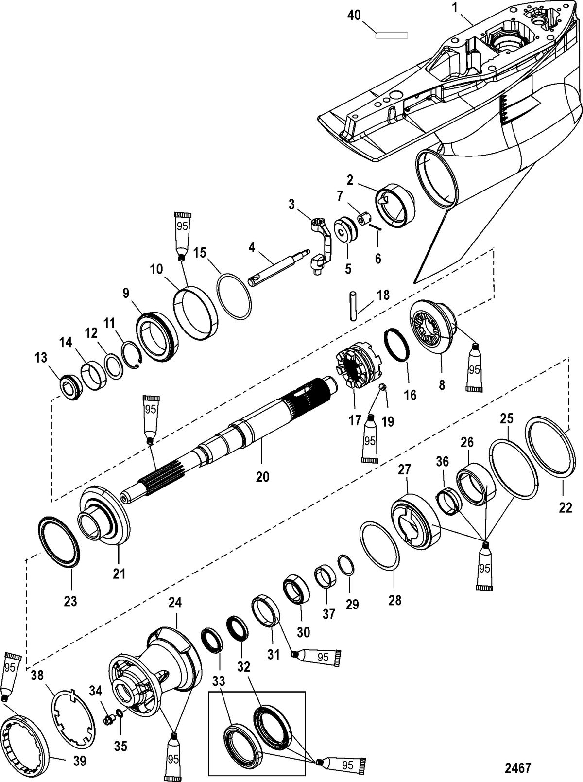 MERCURY/MARINER 200/225/250/275/300 4-STROKE VERADO (6 CYLINDER) Gear Housing, PropShaft-Count Rot,4.80 Torp 2B026816 & below