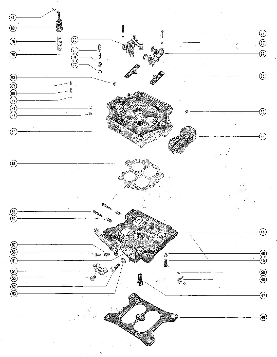 MERCRUISER 225 ENGINE CARBURETOR ASSEMBLY, (FLOAT BOWL AND THROTTLE BODY)