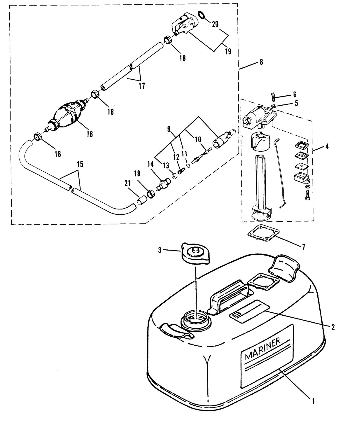 MARINER 40 H.P. FUEL TANK AND FUEL LINE ASSEMBLY (ORIGINAL EQUIPMENT)