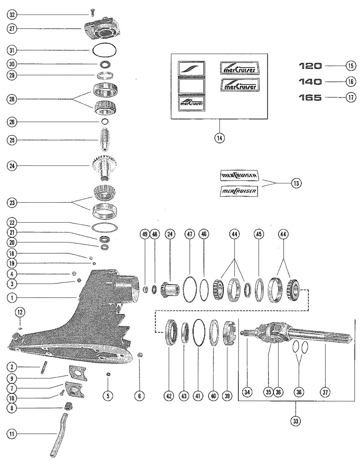 MERCRUISER 120/140/165 STERN DRIVE DIRVE SHAFT HOUSING ASSEMBLY AND GEAR ASSEMBLY
