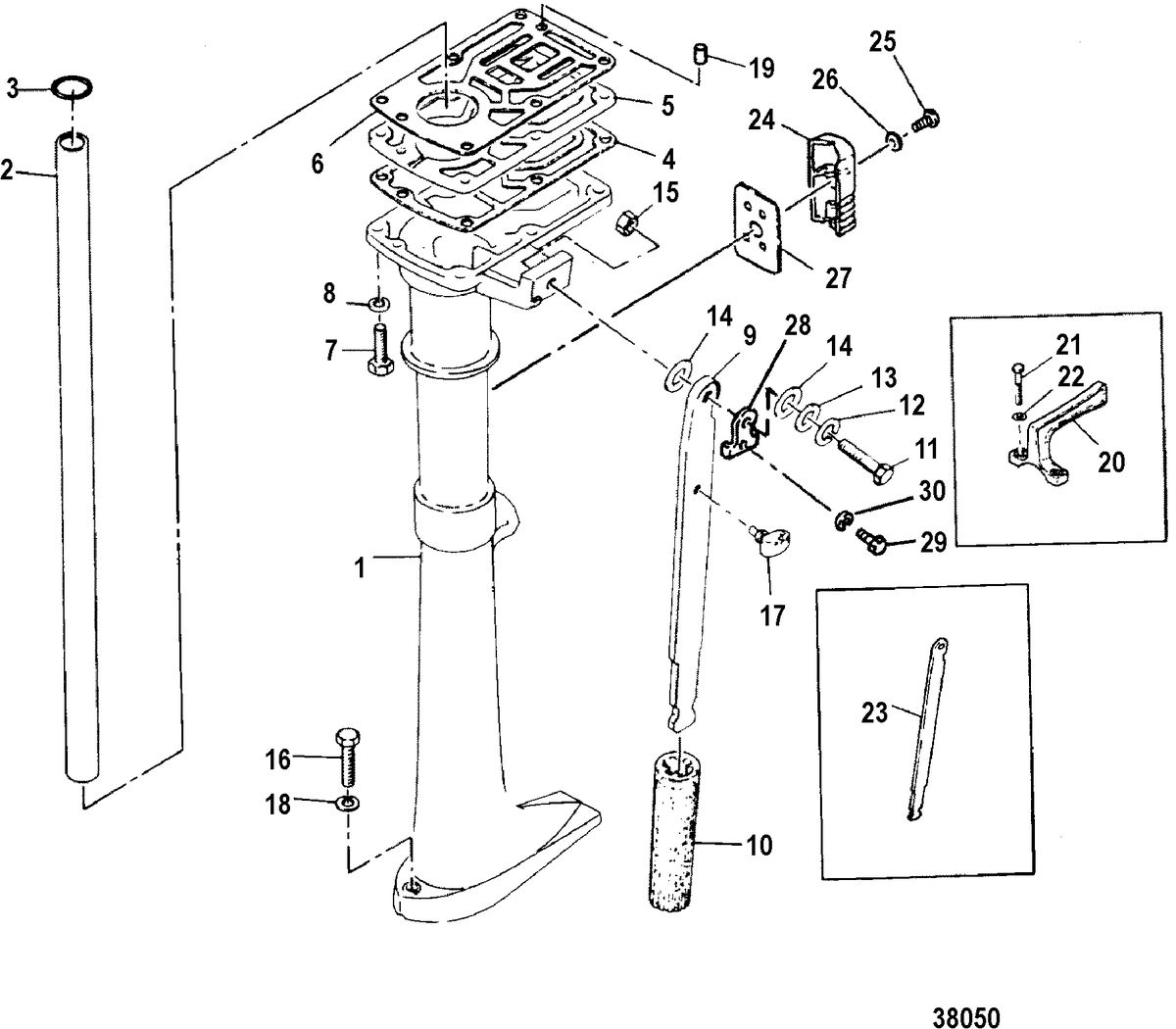 MARINER 2 HP DRIVESHAFT HOUSING AND STEERING HANDLE
