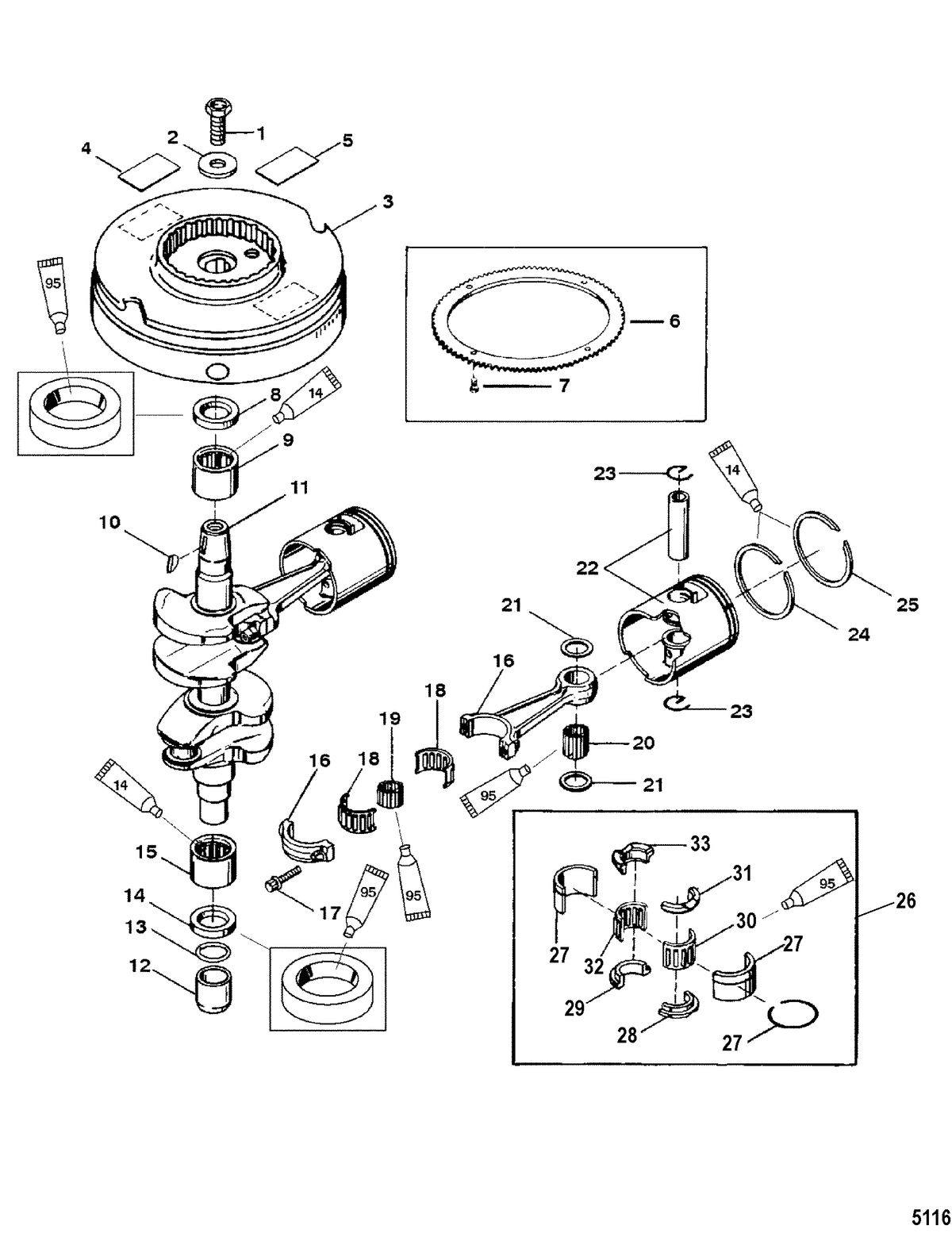 MERCURY/MARINER 20/25/JET 20 - 20/25 SEAPRO/MARATHON (2-STROKE) Crankshaft, Pistons and Flywheel