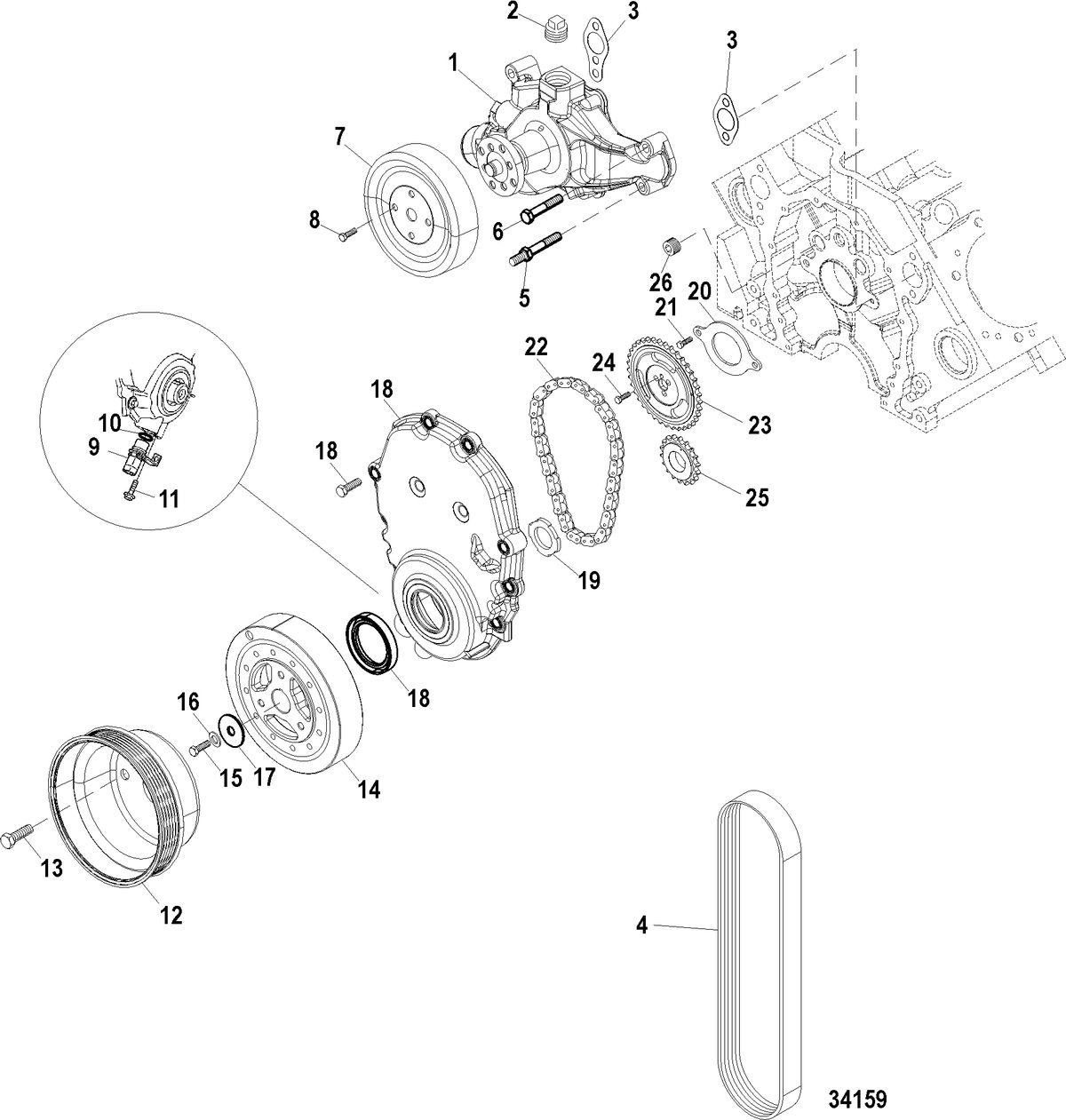 MERCRUISER 383 MAG STROKER INBOARD - REMAN Front Cover and Circulating Pump