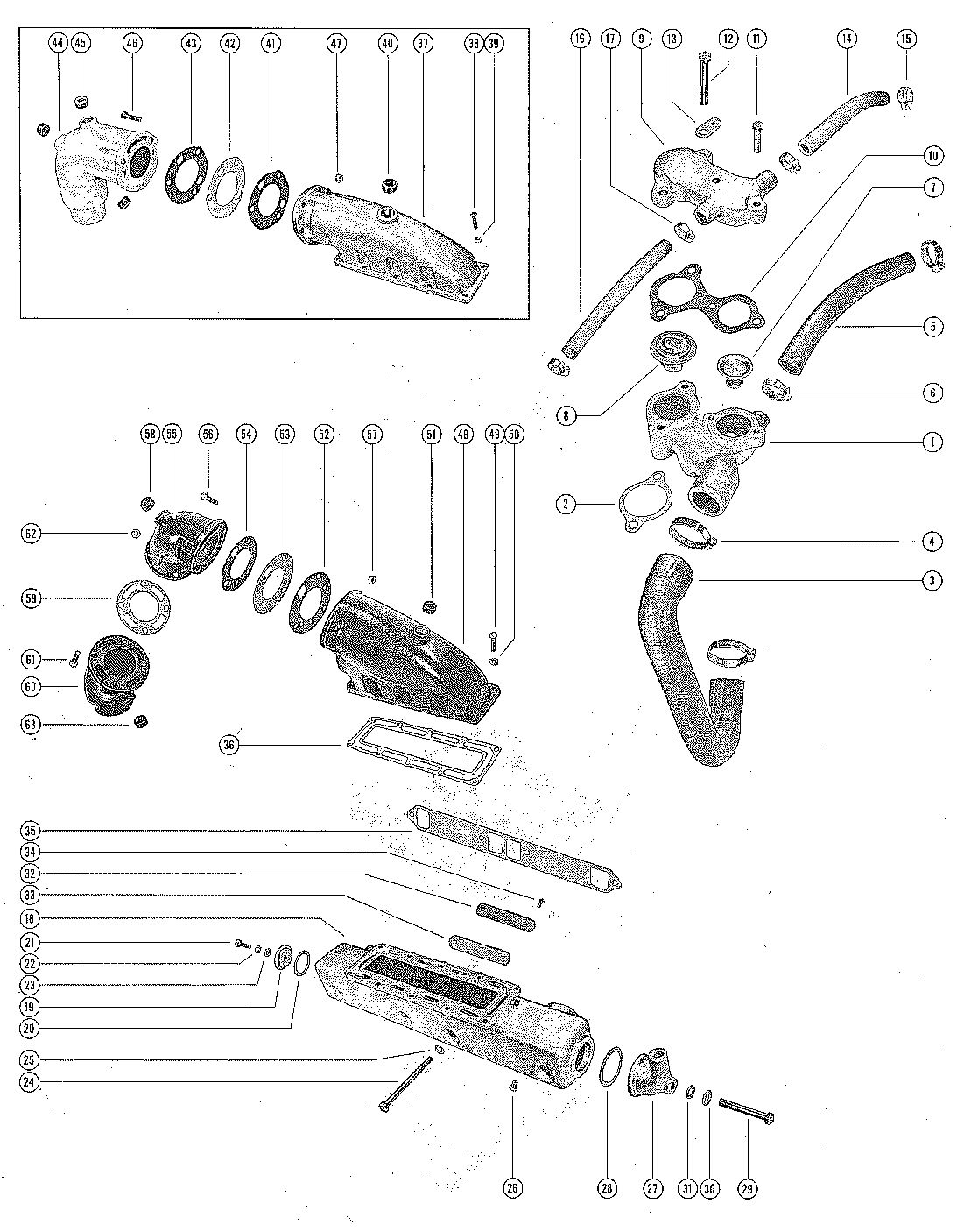 MERCRUISER 225 ENGINE WATER METERING HOUSING AND EXHAUST MANIFOLD