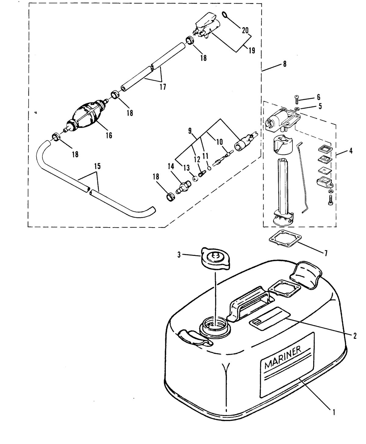 MARINER 15 H.P. W/MARATHON FUEL TANK AND FUEL LINE ASSEMBLY
