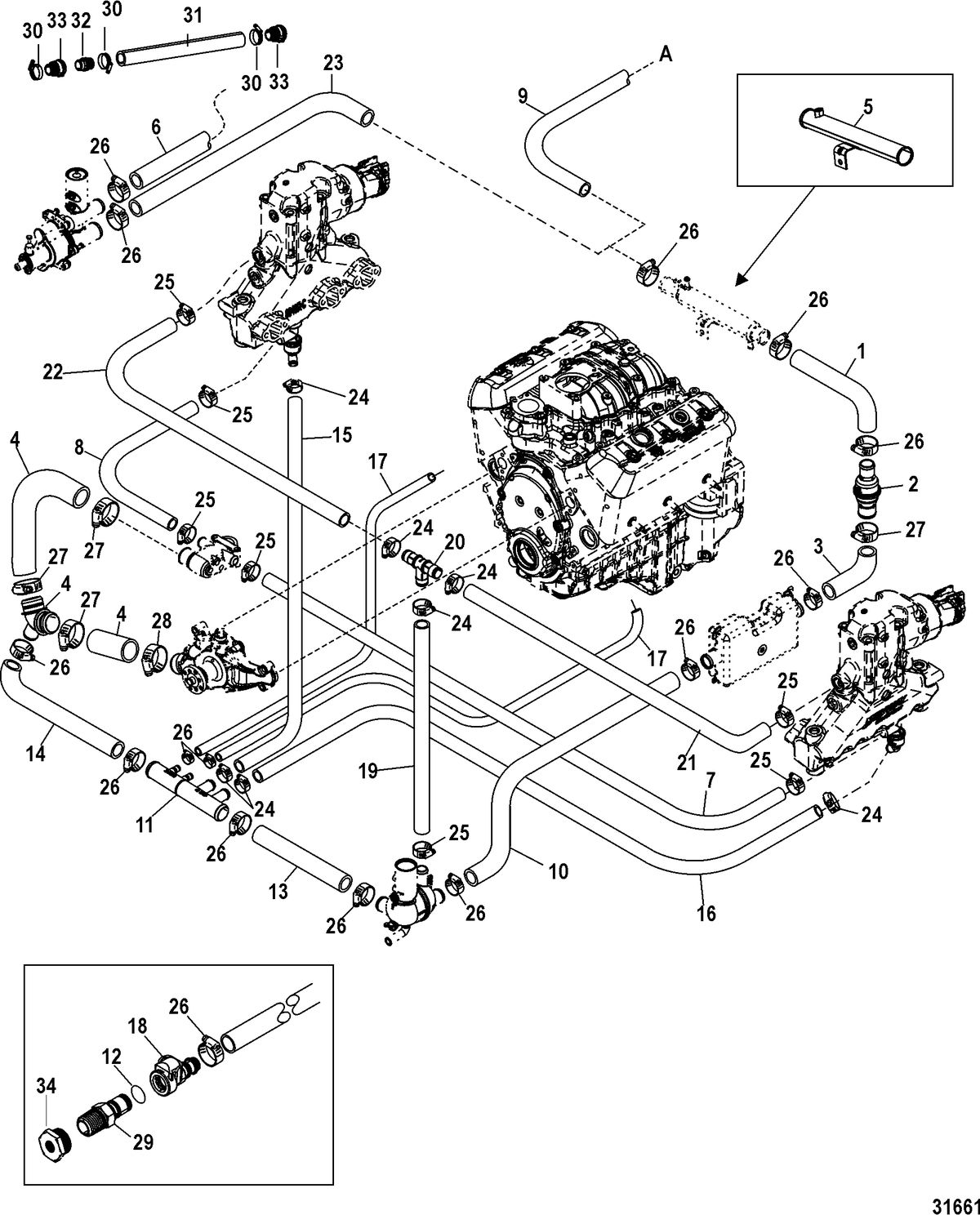 MERCRUISER 4.3L MPI ALPHA/BRAVO Standard Cooling System, Single and Three Point Drain