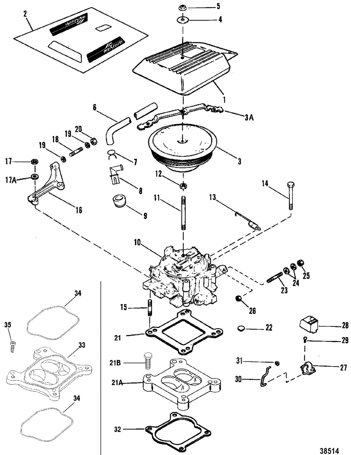 MERCRUISER 200/5.0L/LX 260/5.7L 350 MAG ALPHA/BRAVO CARBURETOR/THROTTLE LINKAGE(WEBER - 4 BARREL)