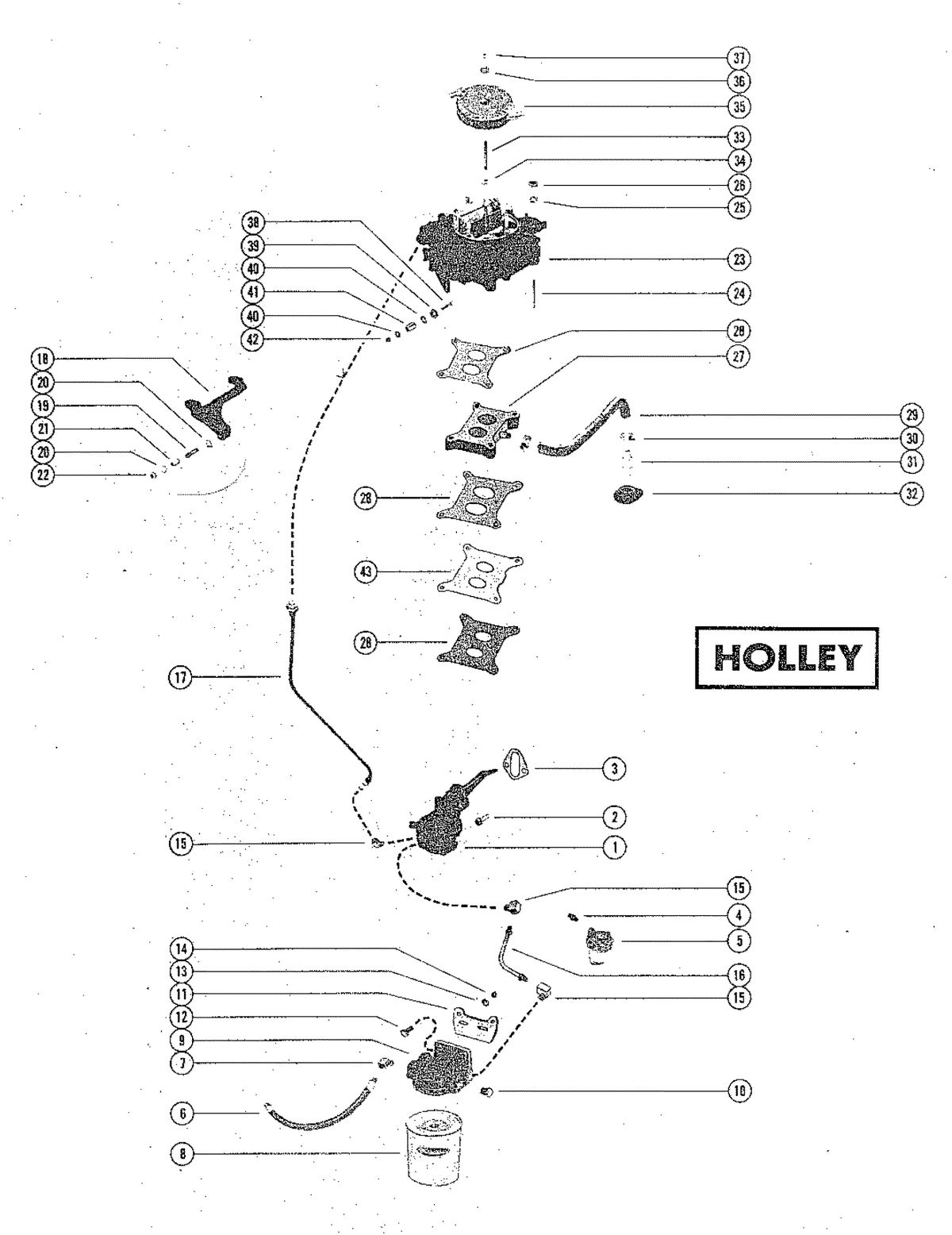MERCRUISER 888 (2 BBL)ENGINE FUEL PUMP, FUEL FILTER AND CARBURETOR(HOLLEY)