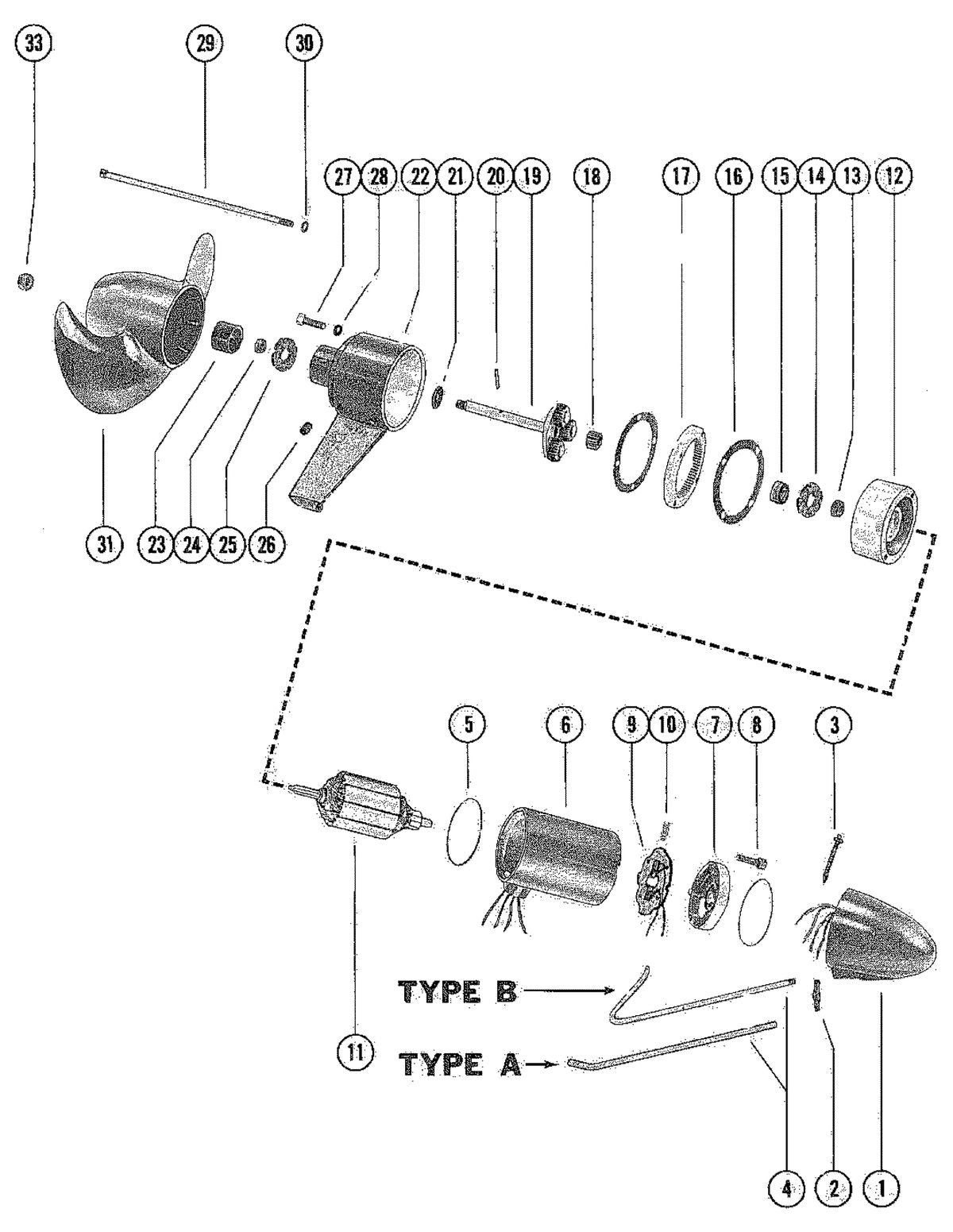 TROLLING MOTOR MERC "THRUSTER" ELECTRIC MOTOR AND GEAR HOUSING (ALL MODELS)
