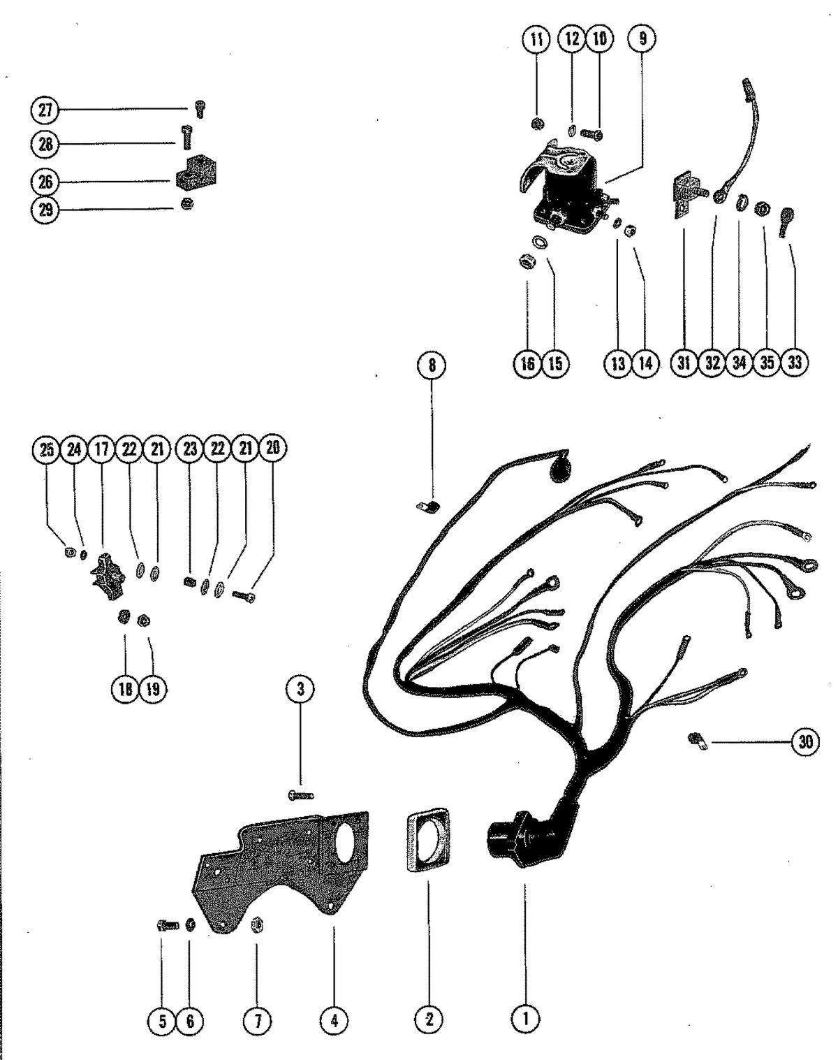 MERCRUISER 898 (STERN DRIVE) 198 (INBOARD) ENGINE WIRING HARNESS, CIRCUIT BREAKER AND STARTER SOLENOID