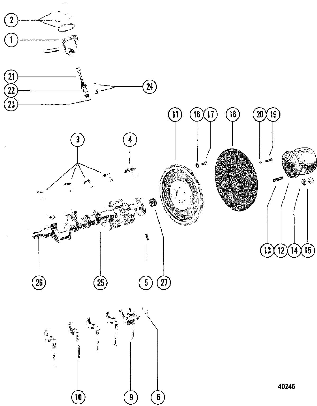 MERCRUISER 228 ENGINE (G.M.) CRANKSHAFT AND PISTONS