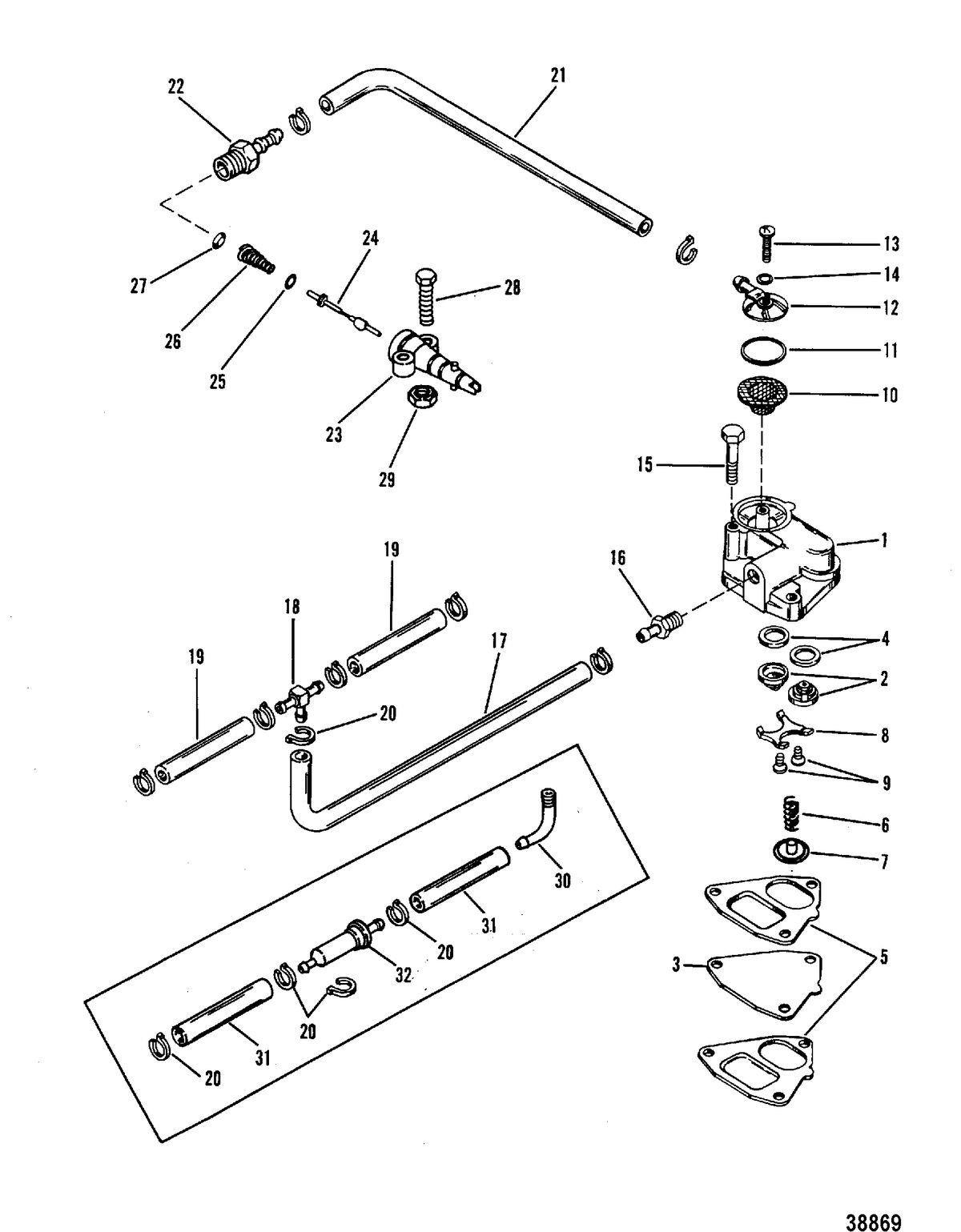 MERCURY/MARINER 75 HP FUEL PUMP AND FUEL LINES(TRIANGLE FUEL PUMP)