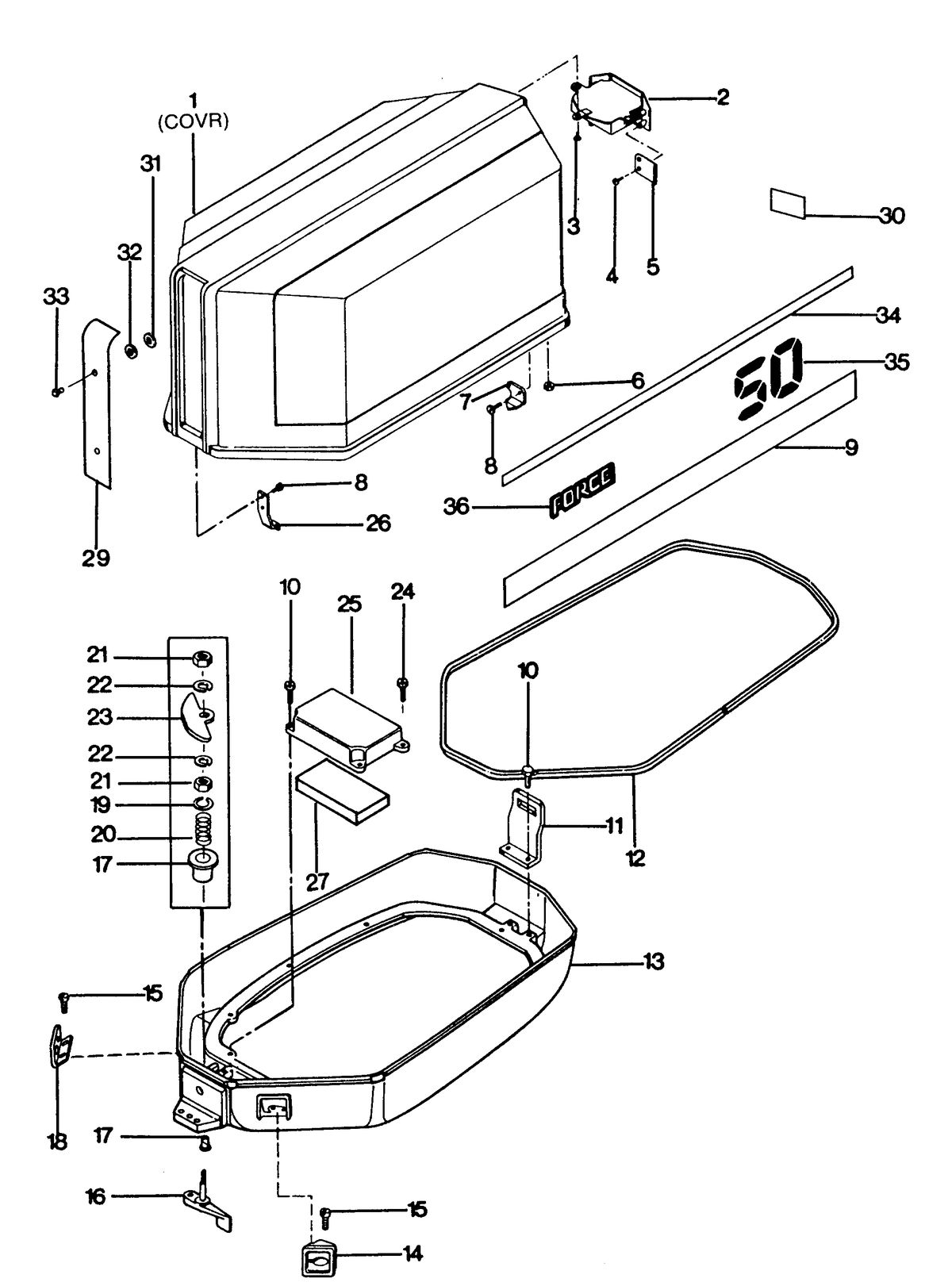 FORCE FORCE 1987 50 H.P. "C" MODELS ENGINE COVER AND SUPPORT PLATE