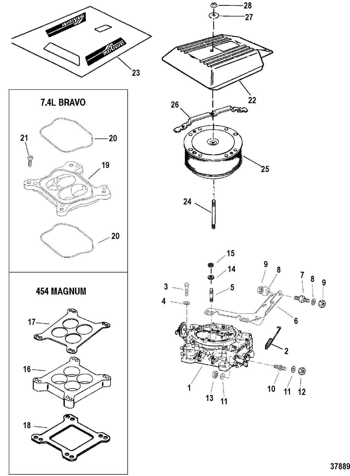 MERCRUISER 7.4L BRAVO I, II, III, ENGINE CARBURETOR AND FLAME ARRESTOR