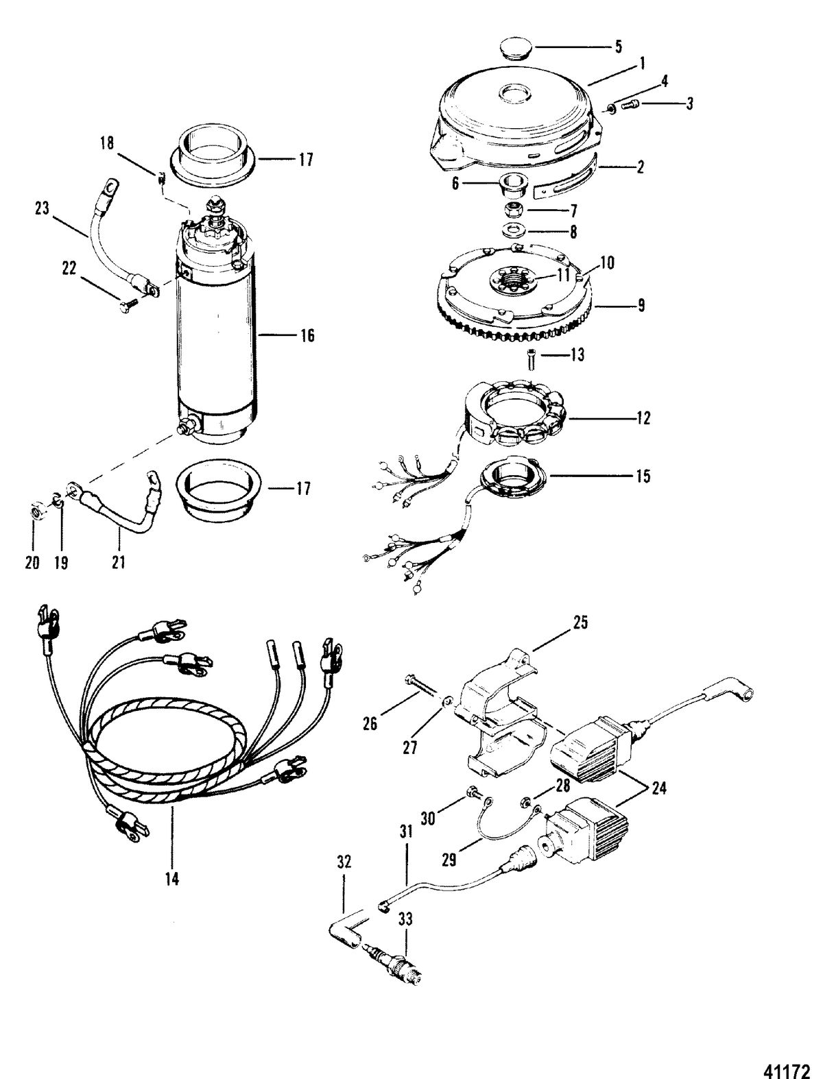 MERCURY/MARINER 220 H.P. (V-6) FLYWHEEL, STARTER MOTOR AND IGNITION COILS
