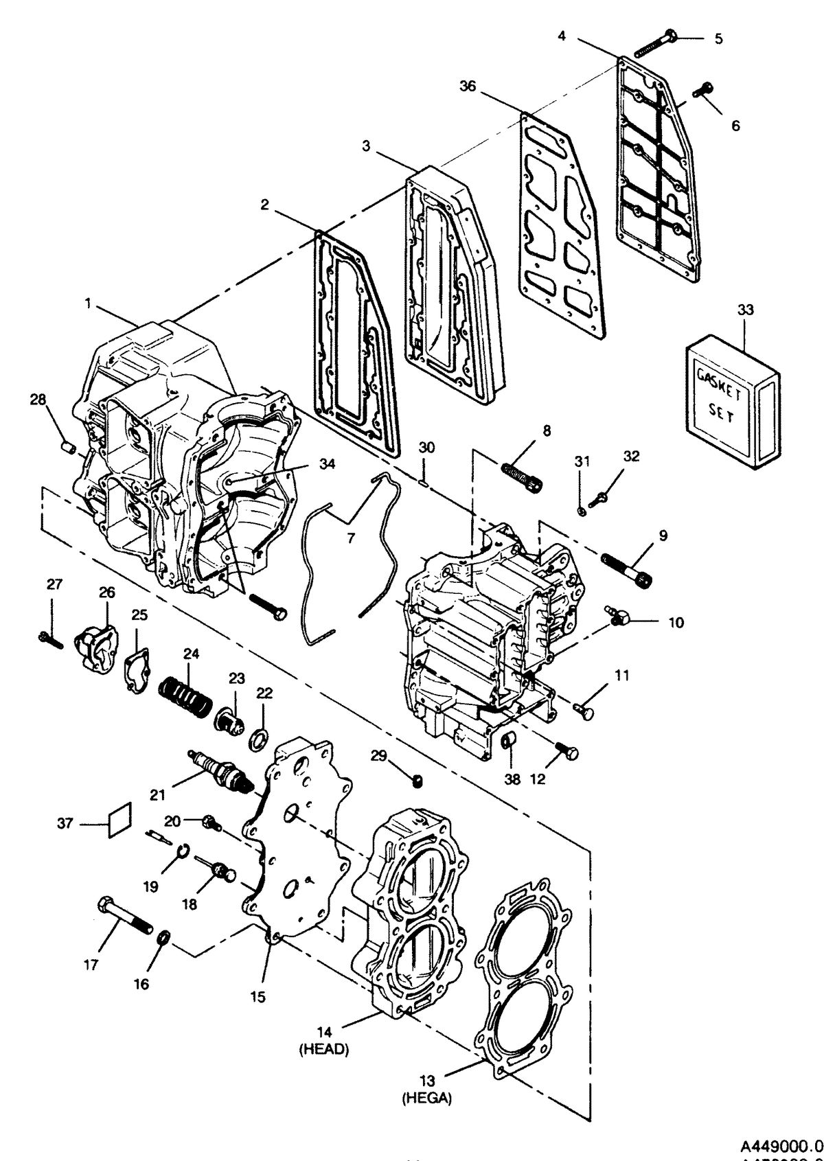 FORCE FORCE 1992 50 H.P. "A" MODELS CYLINDER BLOCK, HEAD AND EXHAUST CHEST COVER