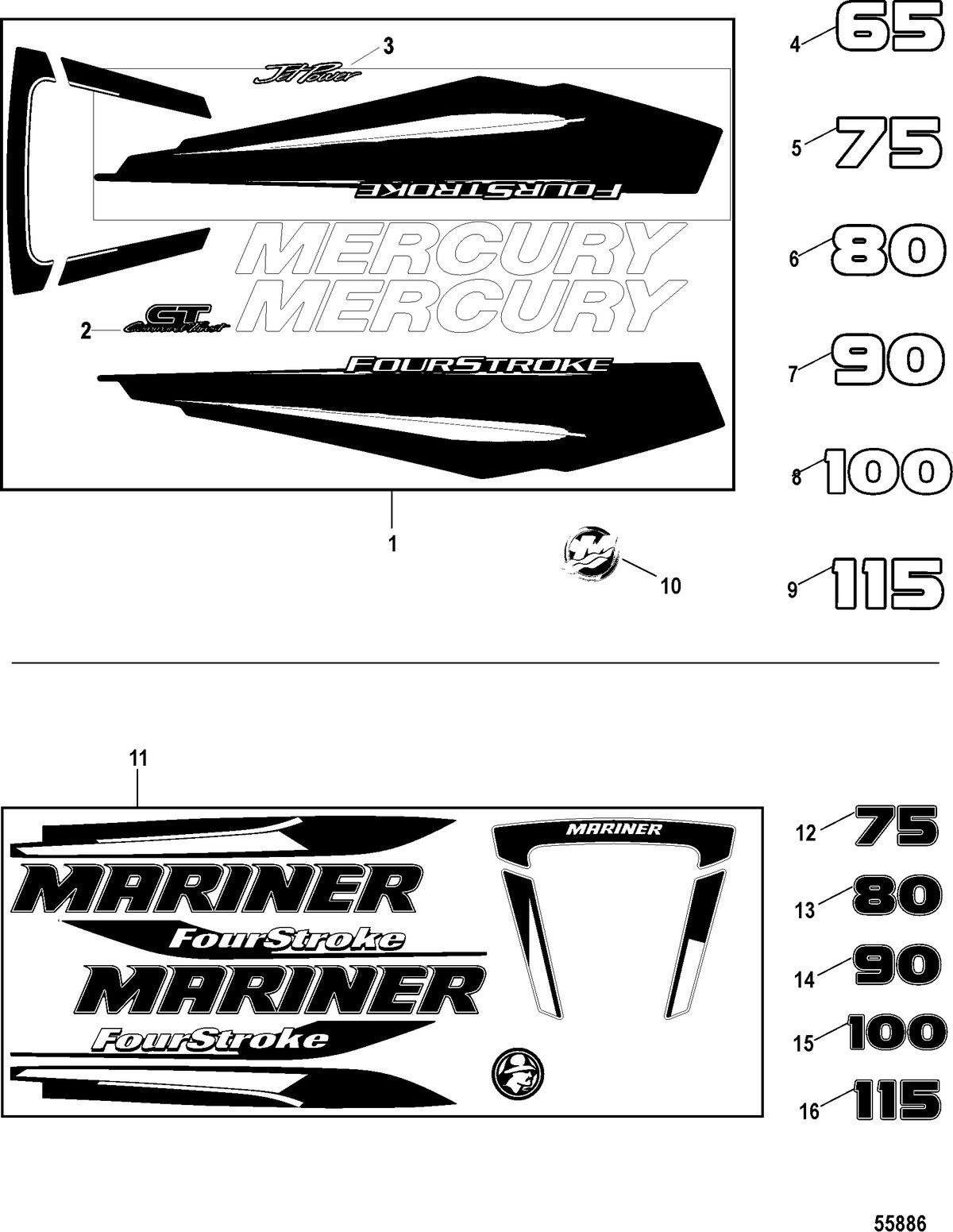 MERCURY/MARINER 75-115 4-STROKE Decals-Top Cowl