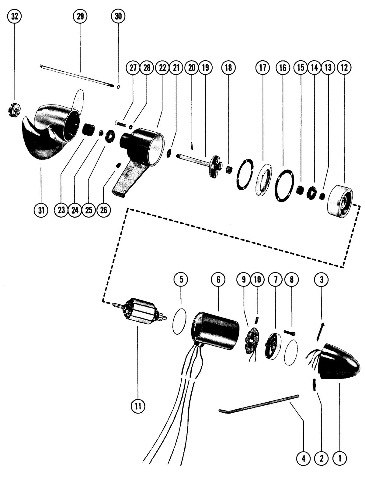 TROLLING MOTOR MERC "THRUSTER" ELECTRIC MOTOR AND GEAR HOUSING (ALL MODELS)