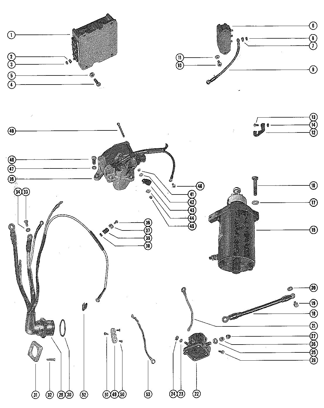 MERCURY MERC 500-6 STARTER MOTOR, STARTER SOLENOID, RECTIFIER & WIRING HARNESS