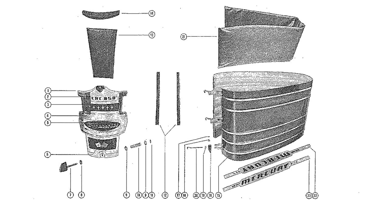 MERCURY MERC 850E COWLING AND FRONT COVER (ENGINES, SERIAL #164888 AND BELOW)