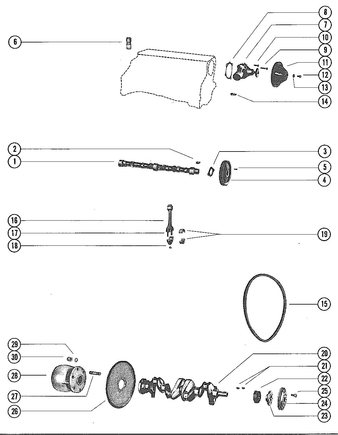 MERCRUISER 120 ENGINE CAMSHAFT, CRANKSHAFT AND WATER PUMP