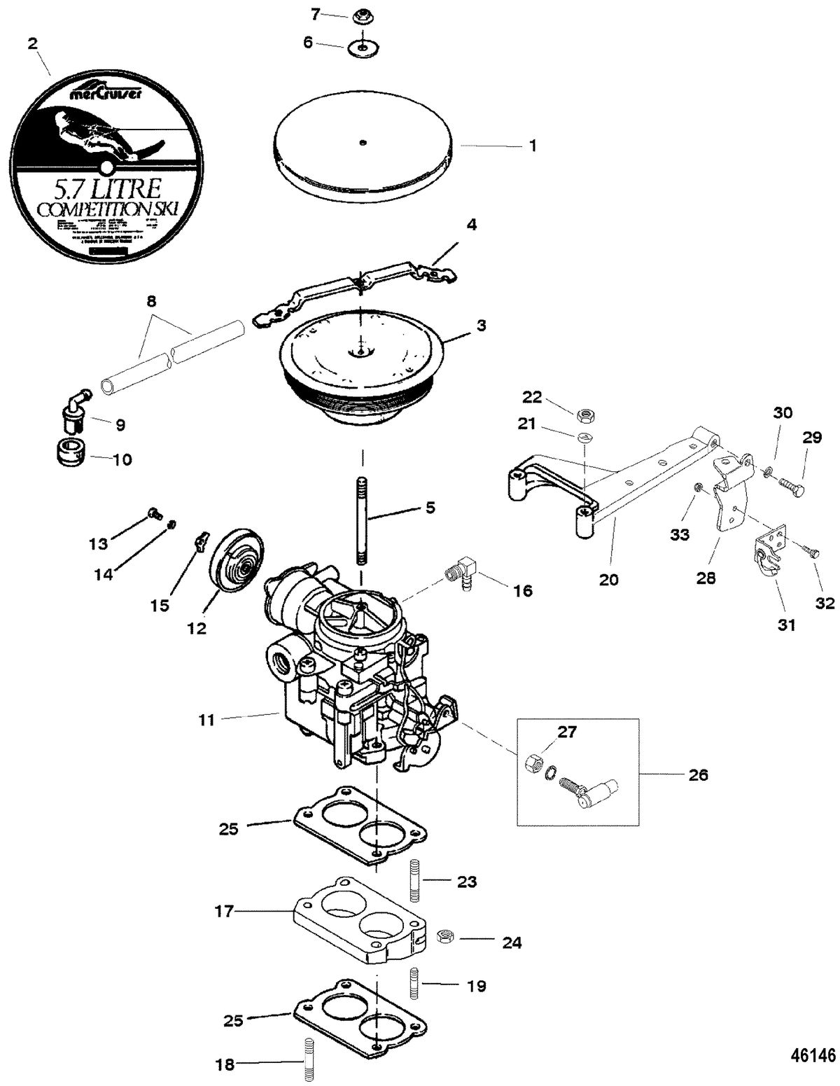 MERCRUISER 5.7L COMPETITION SKI ENGINE CARBURETOR/THROTTLE LINKAGE(2 BARREL)