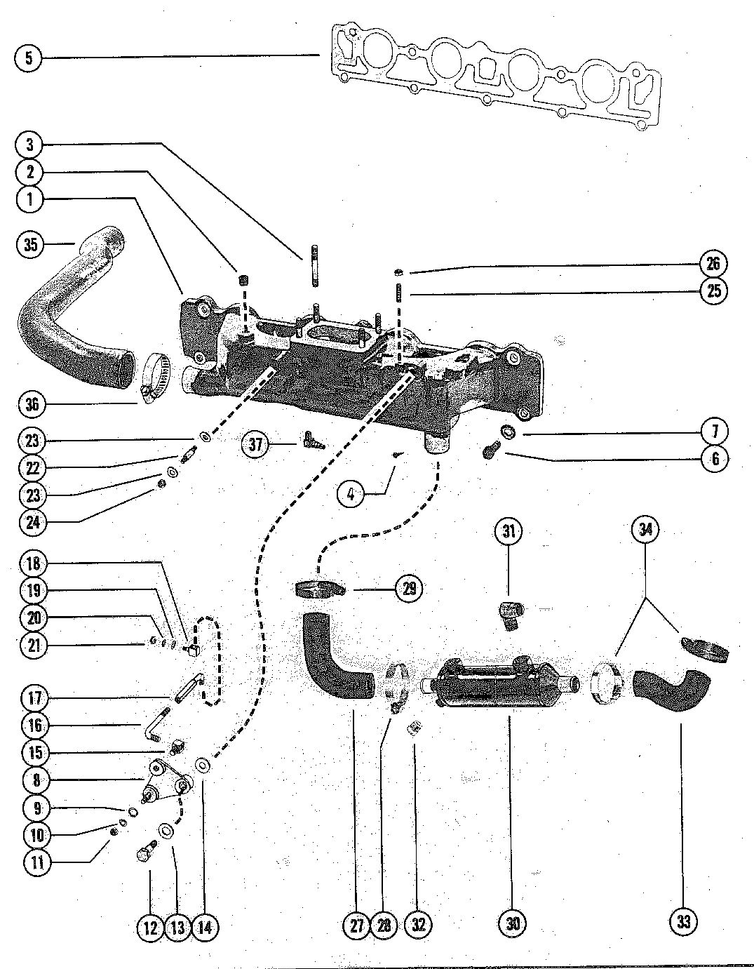 MERCRUISER 485 ENGINE INTAKE MANIFOLD, LINKAGE AND ENGINE OIL COOLER