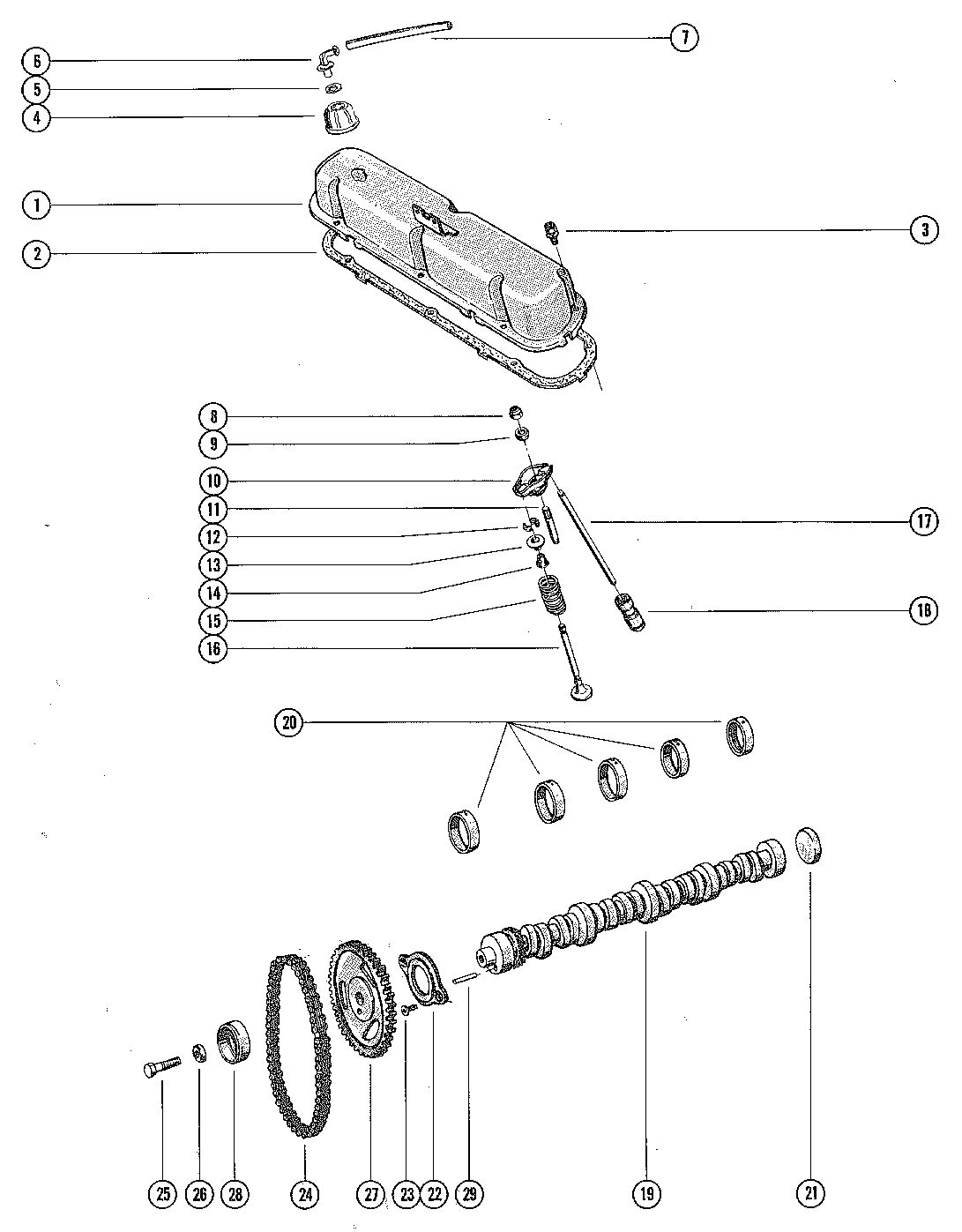 MERCRUISER 255 ENGINE ROCKER COVER, CAMSHAFT AND VALVES