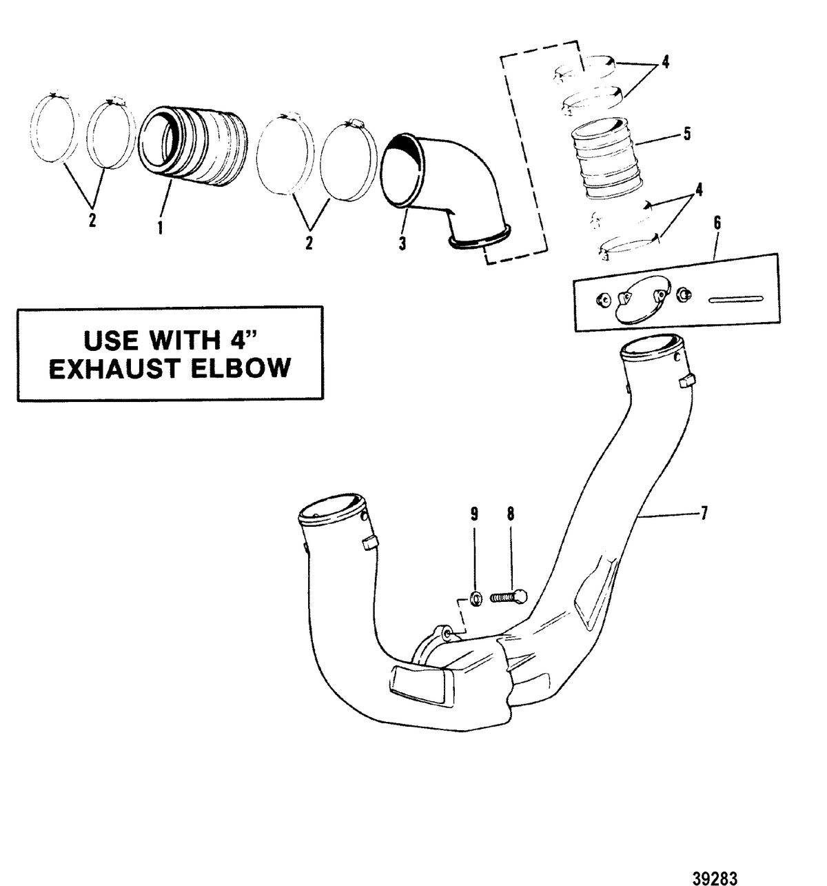 MERCRUISER 185/205 H.P. MR/ALPHA ONE ENGINE Exhaust System(4 In. Exhaust Elbow)