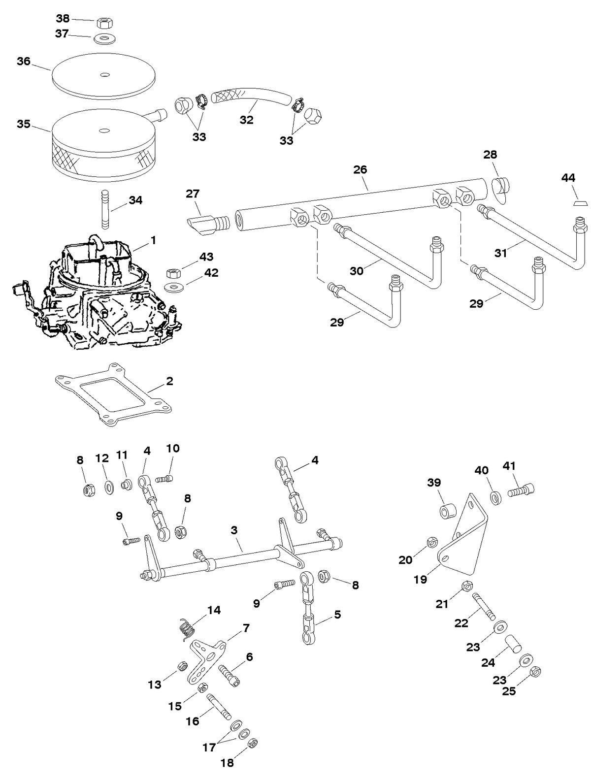 MERCRUISER 800 SC ENGINE CARBURETOR AND LINKAGE (PAGE 1 0F 2)
