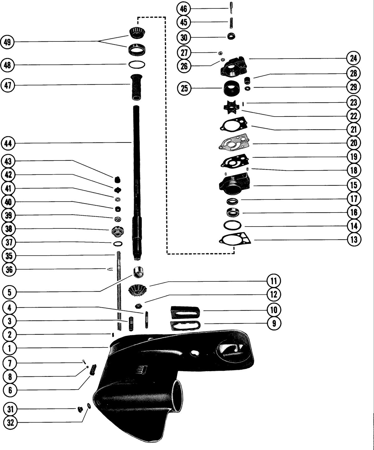 MERCURY MERC 50 GEAR HOUSING ASSEMBLY, COMPLETE (SERIAL GROUP NO. 6)(PAGE 1)
