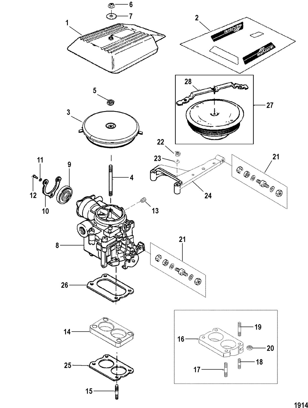 MERCRUISER 5.7L CARB (MIE) (GEN+) CARBURETOR AND THROTTLE LINKAGE(2 BARREL)