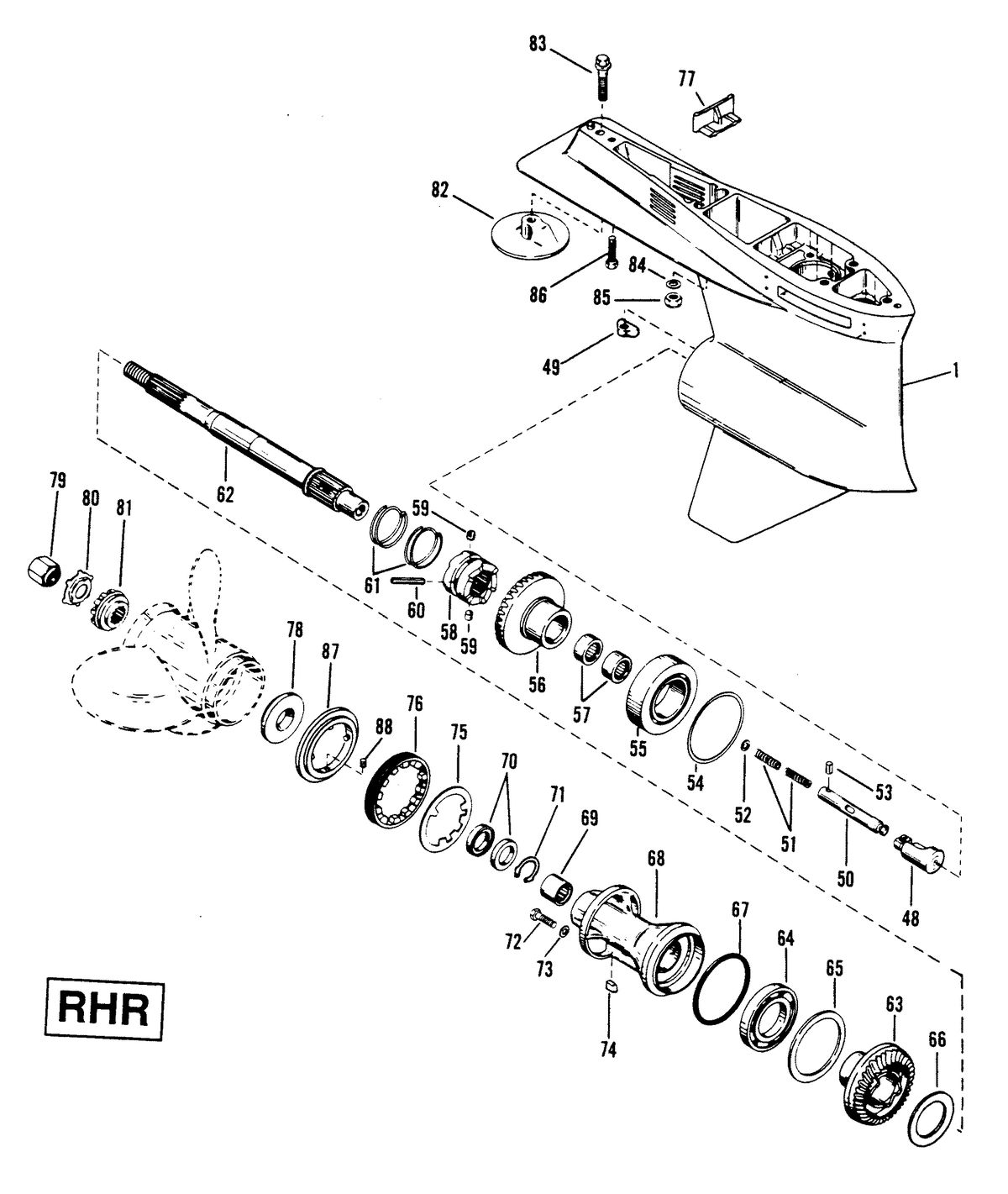 RACE OUTBOARD 2.5 L (CARB) GEAR HOUSING (PROPELLER SHAFT)RHR 4-HOLE WATER PICKUP