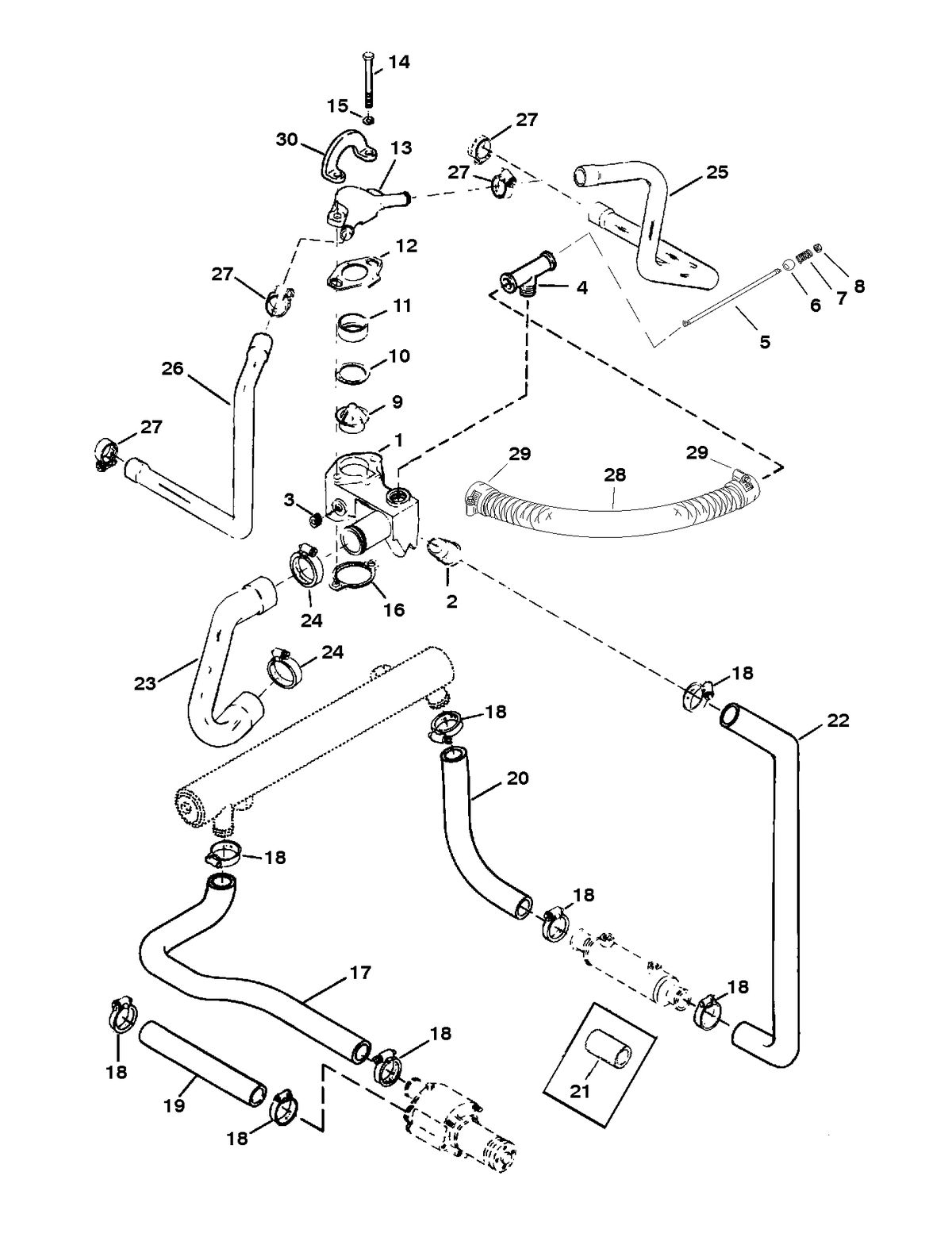 RACE STERNDRIVE HP 500 BULLDOG (540 CID) THERMOSTAT HOUSING AND WATER HOSES