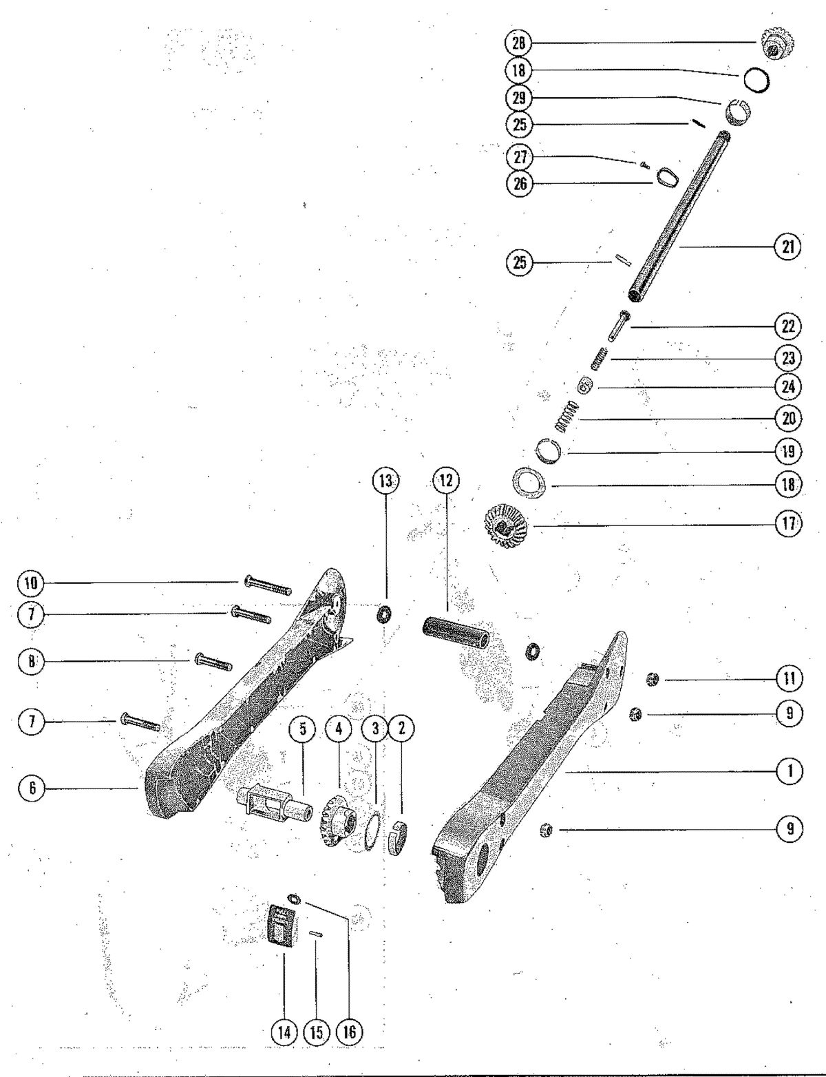 TROLLING MOTOR MERC "THRUSTER" LIFT ARM AND PIVOT SHAFT ("RC" AND "DM")
