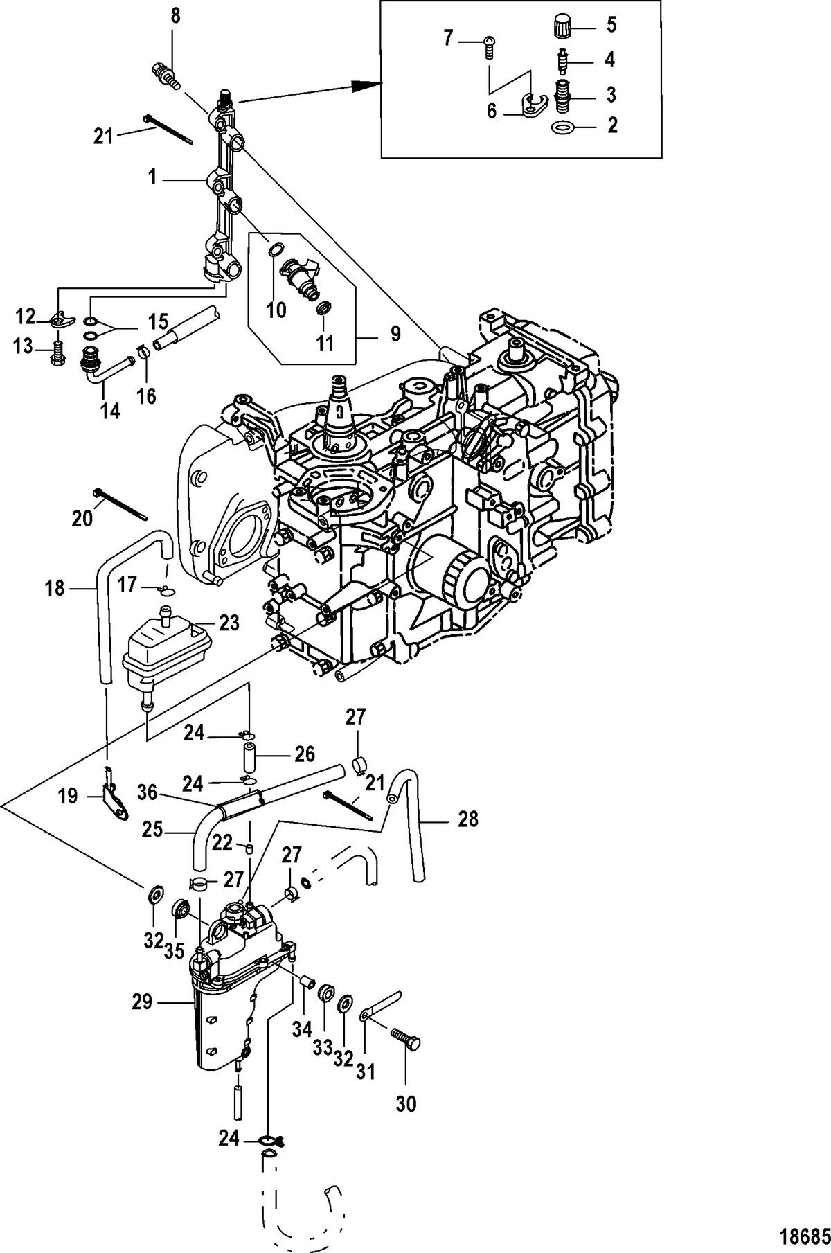 MERCURY/MARINER 25/30/JET 25 EFI/3 CYLINDER  4-STROKE Fuel Rail and Vapor Seperator