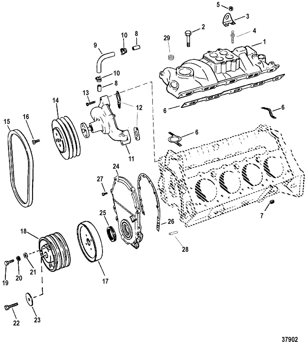 MERCRUISER 7.4L BRAVO I, II, III, ENGINE INTAKE MANIFOLD AND FRONT COVER