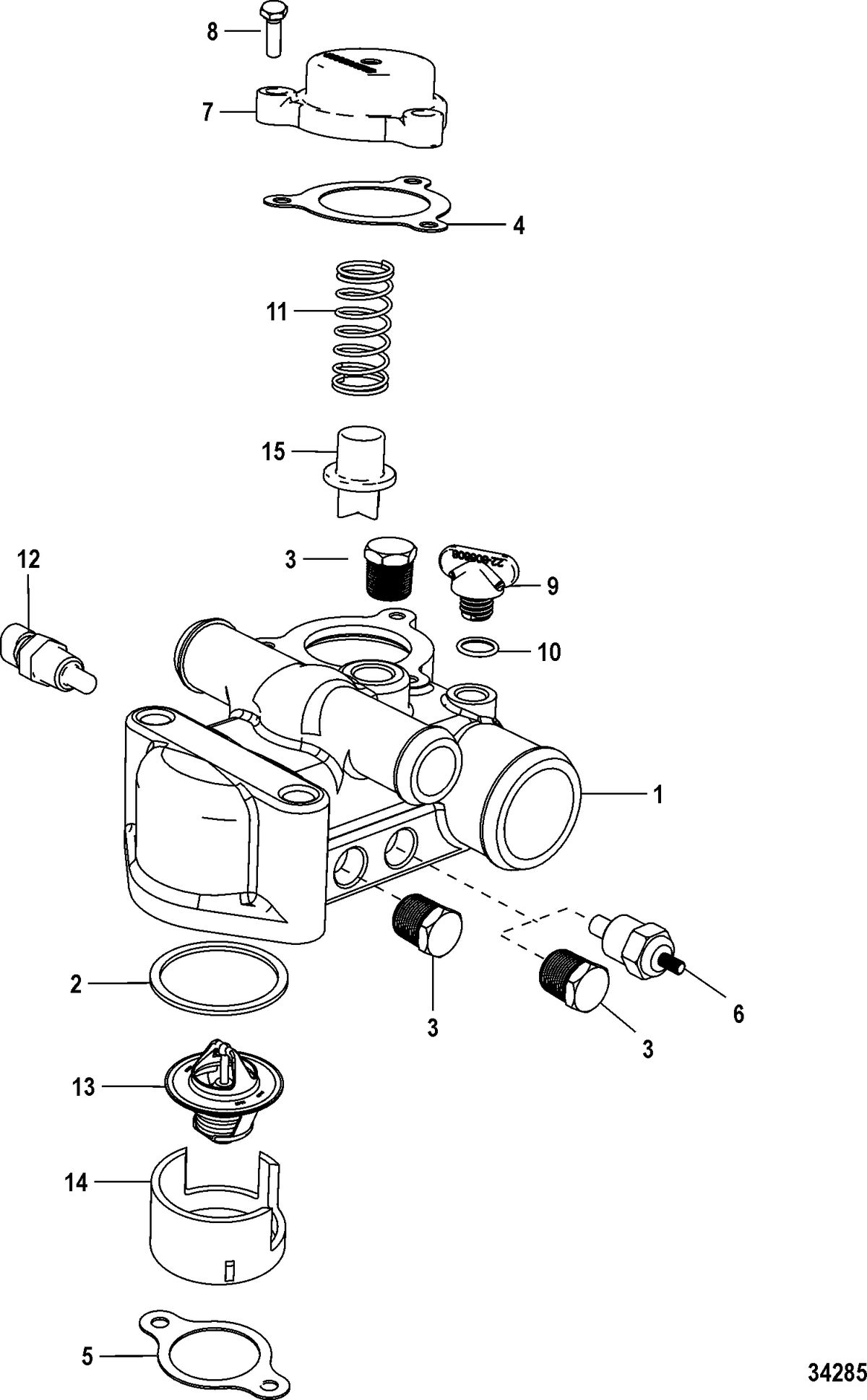 MERCRUISER 5.7/6.2L MPI INBOARD EC Thermostat and Housing, Standard Cooling
