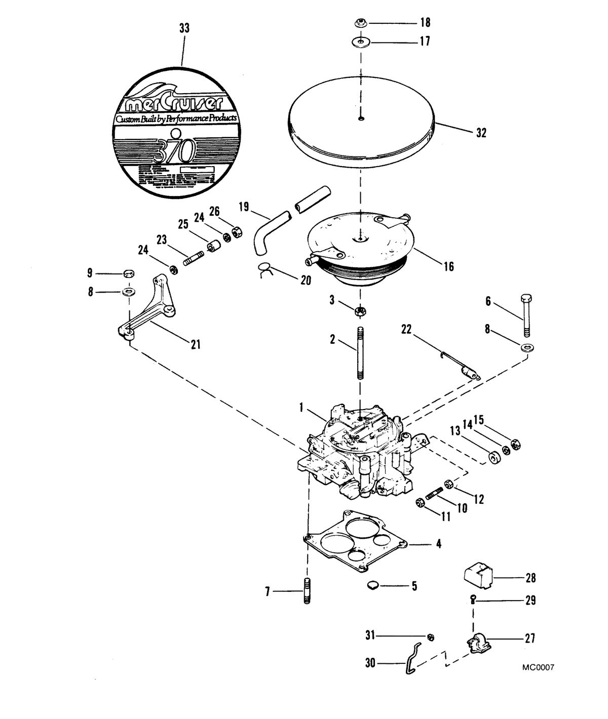 MERCRUISER 370 H.P. TRS ENGINE (CARD 37) CARBURETOR AND THROTTLE LINKAGE
