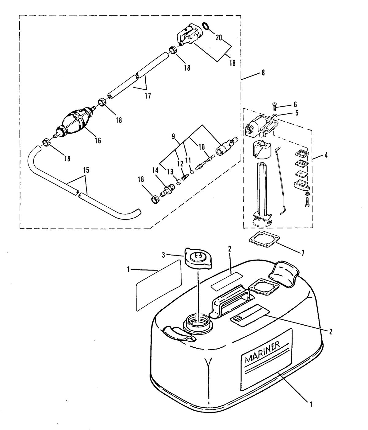 MARINER 55 H.P. W/MARATHON FUEL TANK AND FUEL LINE ASSEMBLY (ORIGINAL EQUIPMENT)