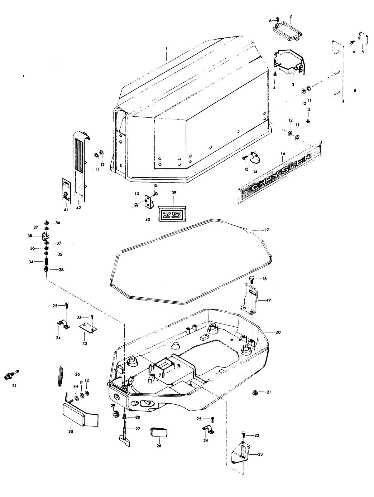 CHRYSLER 25 H.P. ENGINE COVER AND SUPPORT PLATE (ELECTRIC START MODELS)