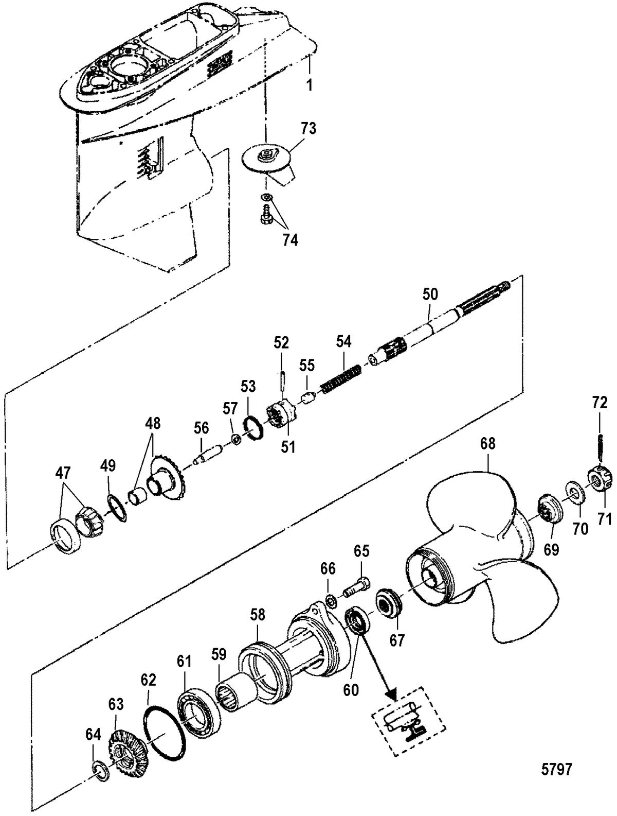 MERCURY/MARINER 40 LIGHTNING/40 LIGHTNING XR40 SEAPRO/MARATHON/50 INTERNATIONAL Gear Housing, Propeller Shaft