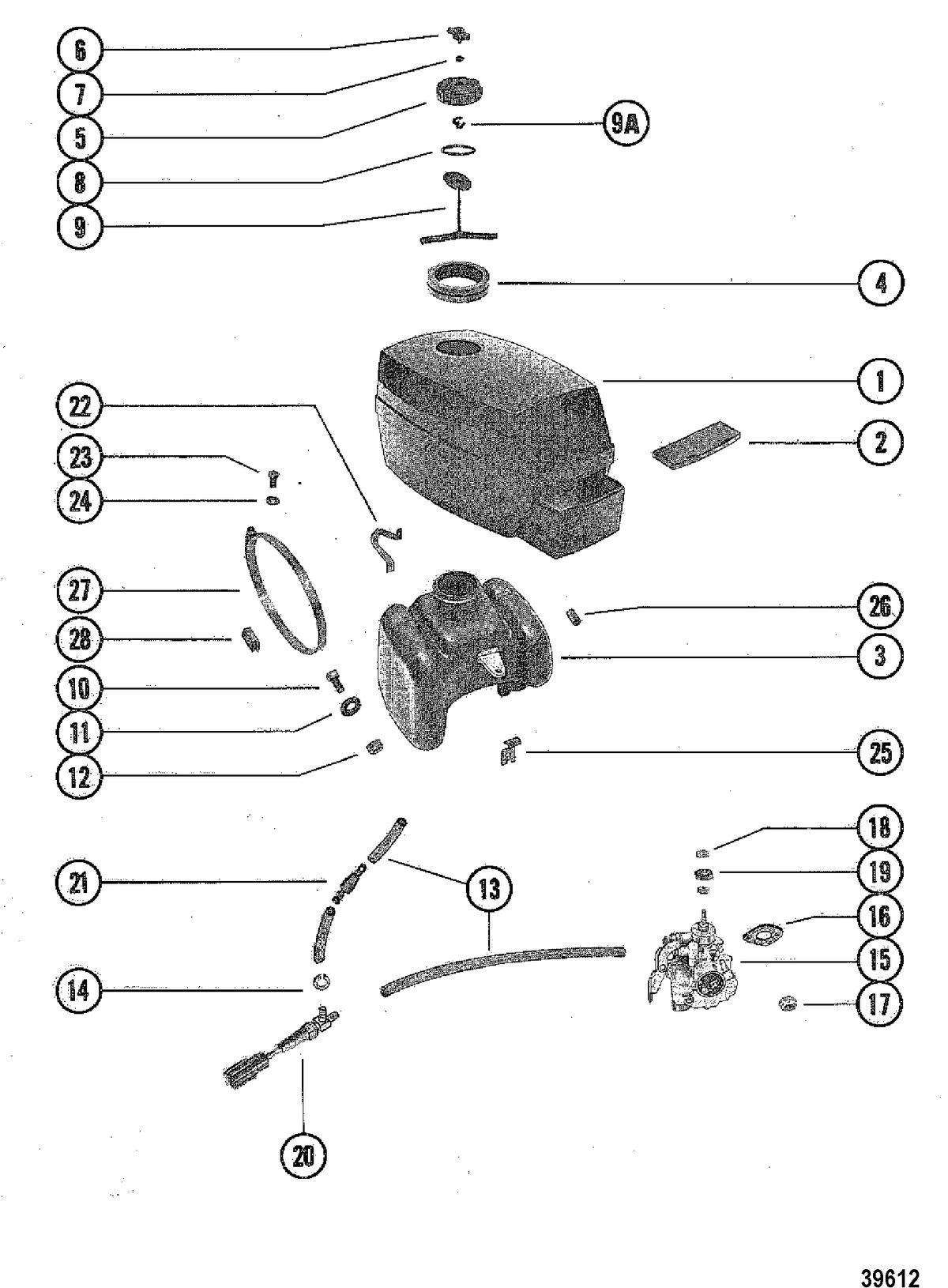 MERCURY 3.6 HP TOP COWL, FUEL TANK AND CARBURETOR
